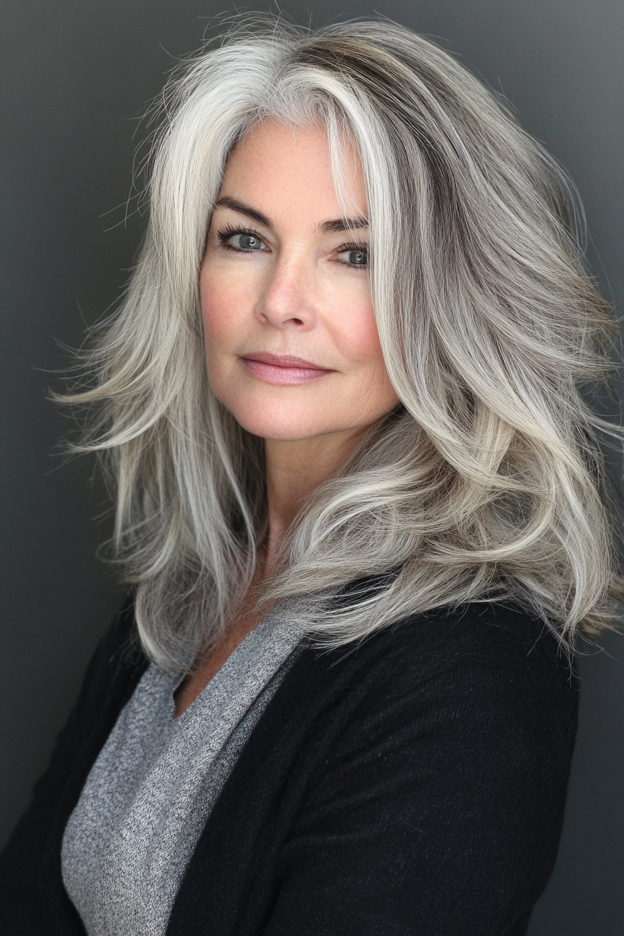 9. Layered Shag mit natürlicher grauer Mischung (beste Haarschnitte für Frauen über 40) - beste Haarschnitte für Frauen über 40