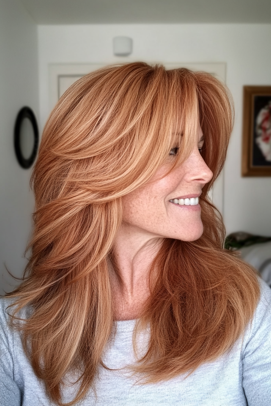 9. Leichter Auburn Long Shag (zottelige Hakenfrisuren für Frauen über 50) - Shaggy -Habelfrisuren für Frauen über 50