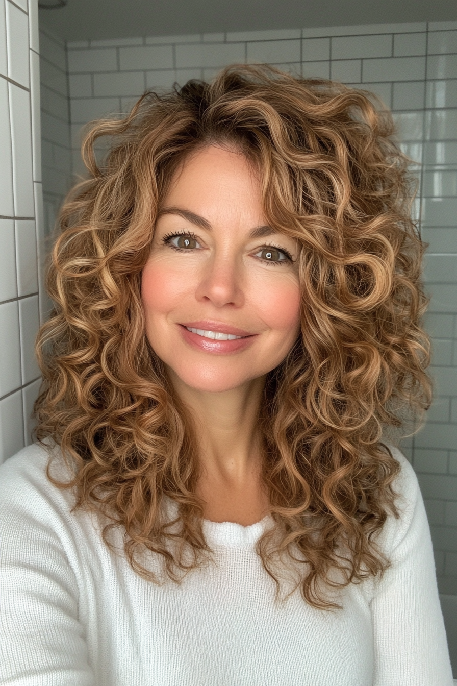 9. Hellbrauner lockiger Fransenschnitt (lockige Frisuren für Frauen über 40) - lockige Frisuren für Frauen über 40