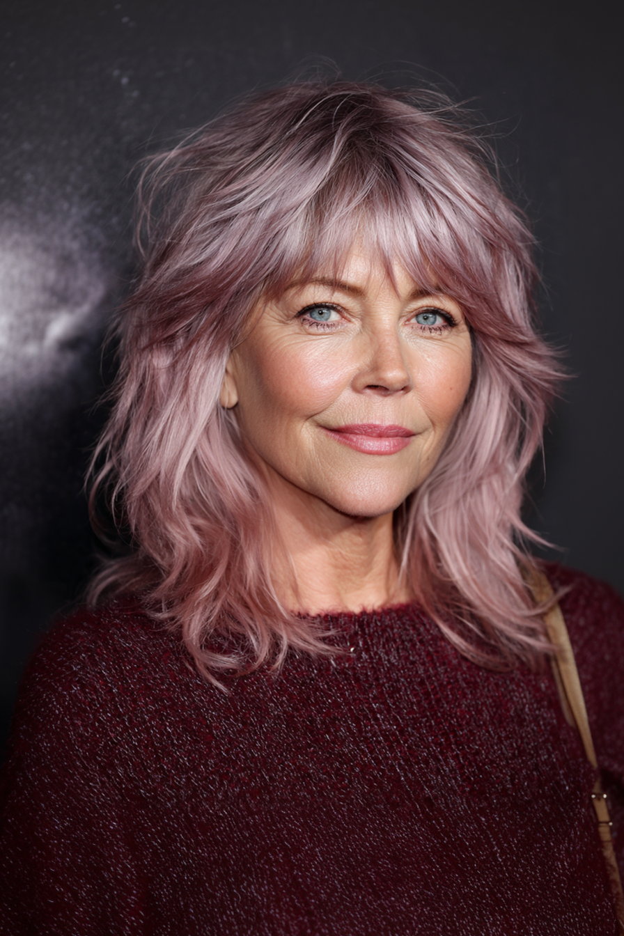 9. Langer zotteliger Lob mit staubiger Rose (Lob Haarschnitte für Frauen über 50) - Lob Haarschnitte für Frauen über 50