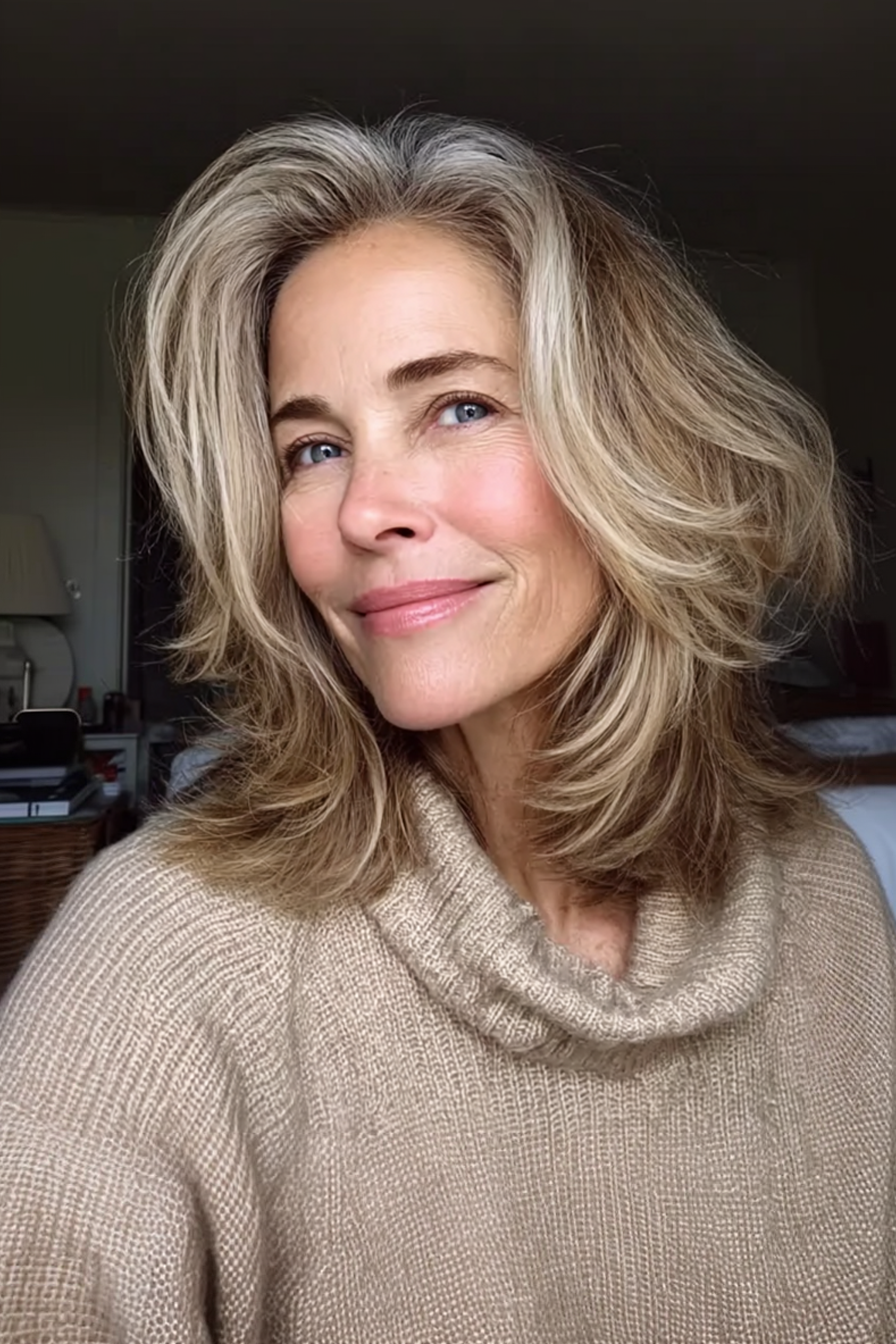 9. Medium Shag mit sandigen blonden Streifen (geschichtete Frisuren für ältere Frauen mit feinem Haar) - geschichtete Frisuren für ältere Frauen mit feinem Haar