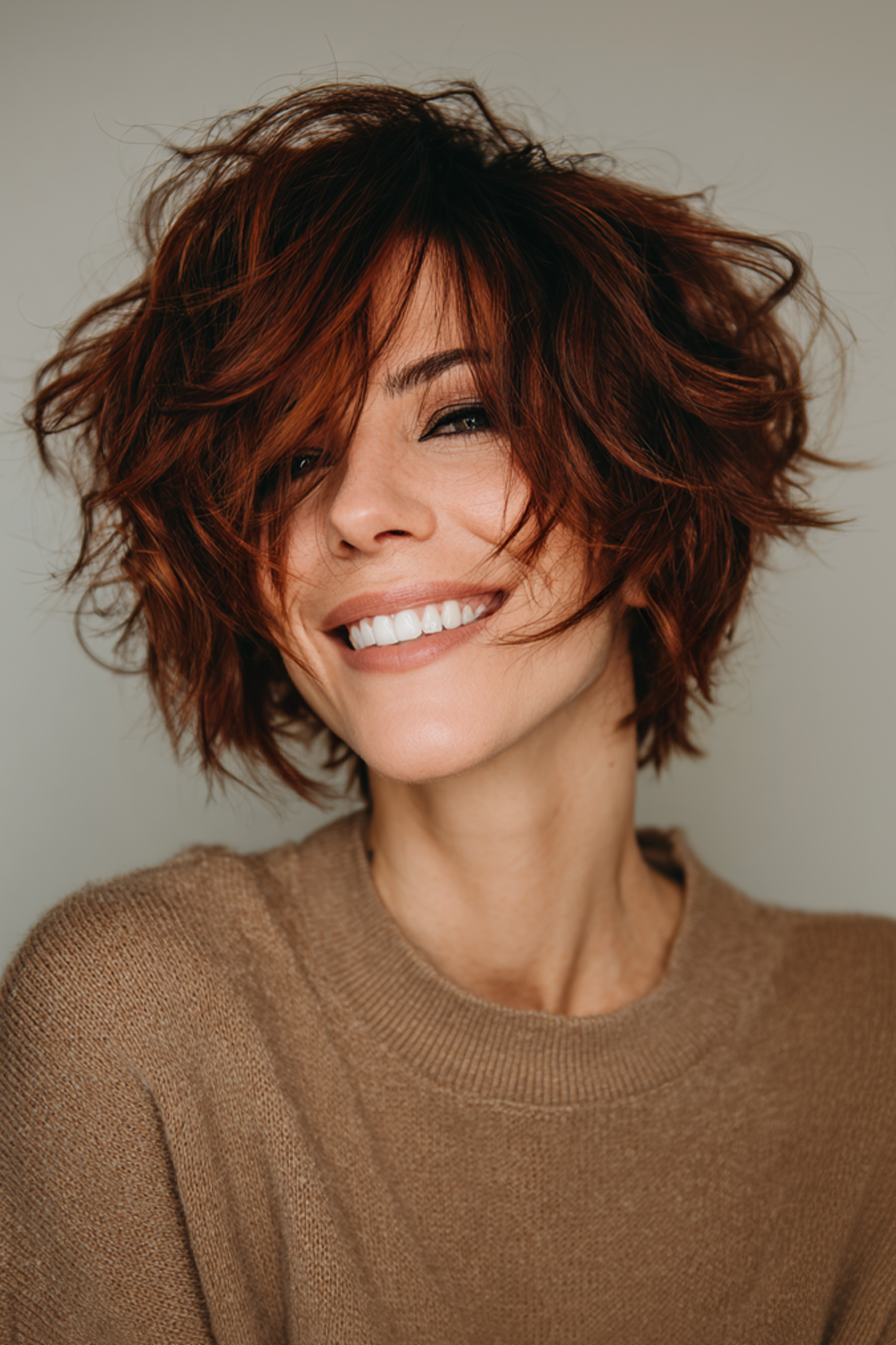 9. Messy Shag mit Auburn -Tiefe (kantige Haarschnitte für Frauen über 50) - kantige Haarschnitte für Frauen über 50