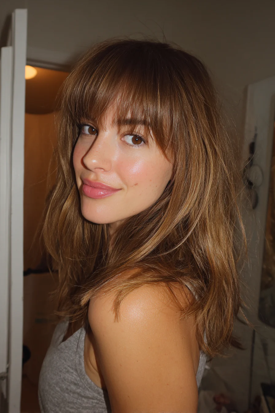 9. Mittellanger Schnitt mit langem Pony in Hellbraun (Mittellange Frisuren mit Pony) – Mittellange Frisuren mit Pony