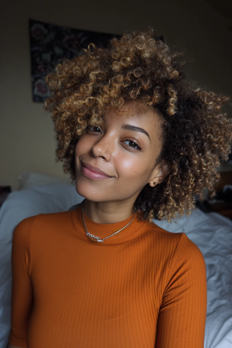 9. Mokka-weicher Afro mit definierten Schichten (Ausgefallene, lockige Kurzhaarfrisuren für Frauen über 40) – Ausgefallene, lockige Kurzhaarfrisuren für Frauen über 40