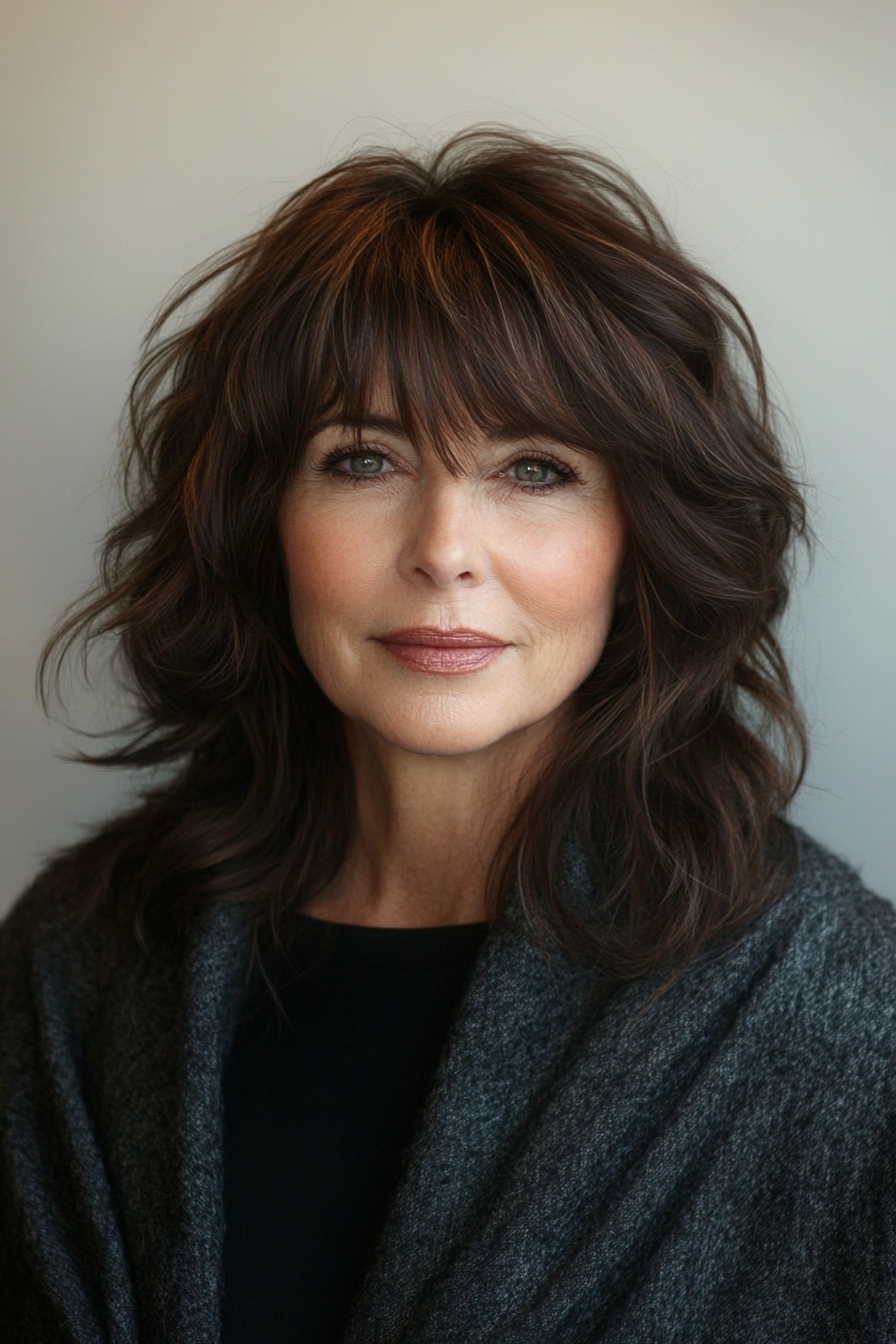 9. Natürliche braune, zottelige Schichten mit zartem Pony (Brünette Frisuren für Frauen über 50) – Brünette Frisuren für Frauen über 50