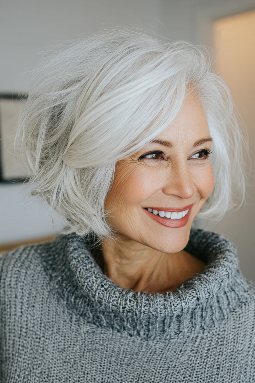 9. Nackenstreifender Bob mit Rooted Silver Blend (Haarschnitte für Frauen über 60 mit schütterem Haar) – Haarschnitte für Frauen über 60 mit schütterem Haar