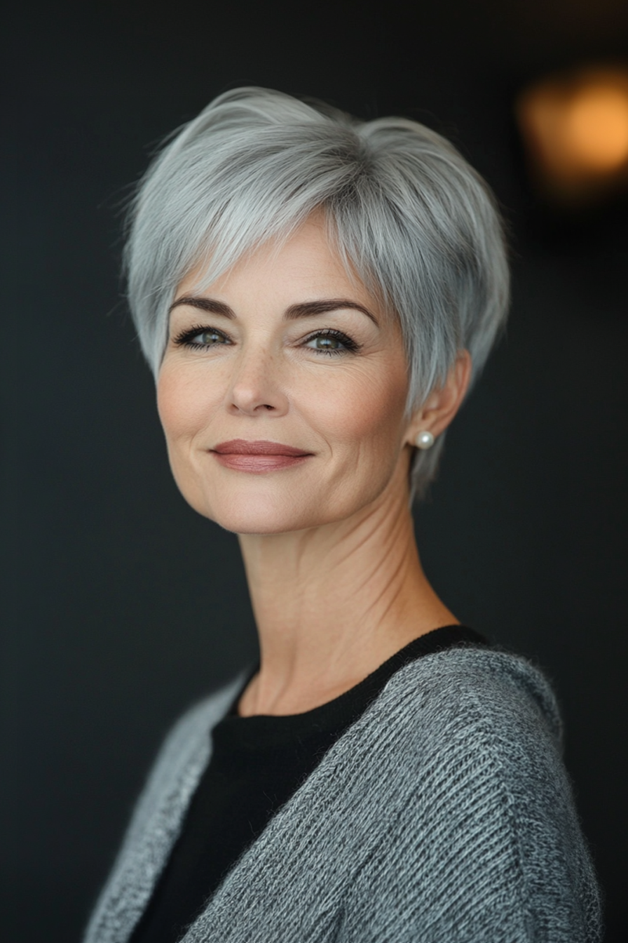9. Perlgrau geformte Pixie (lange Pixie -Haarschnitte für ältere Frauen) - Lange Pixie -Haarschnitte für ältere Frauen