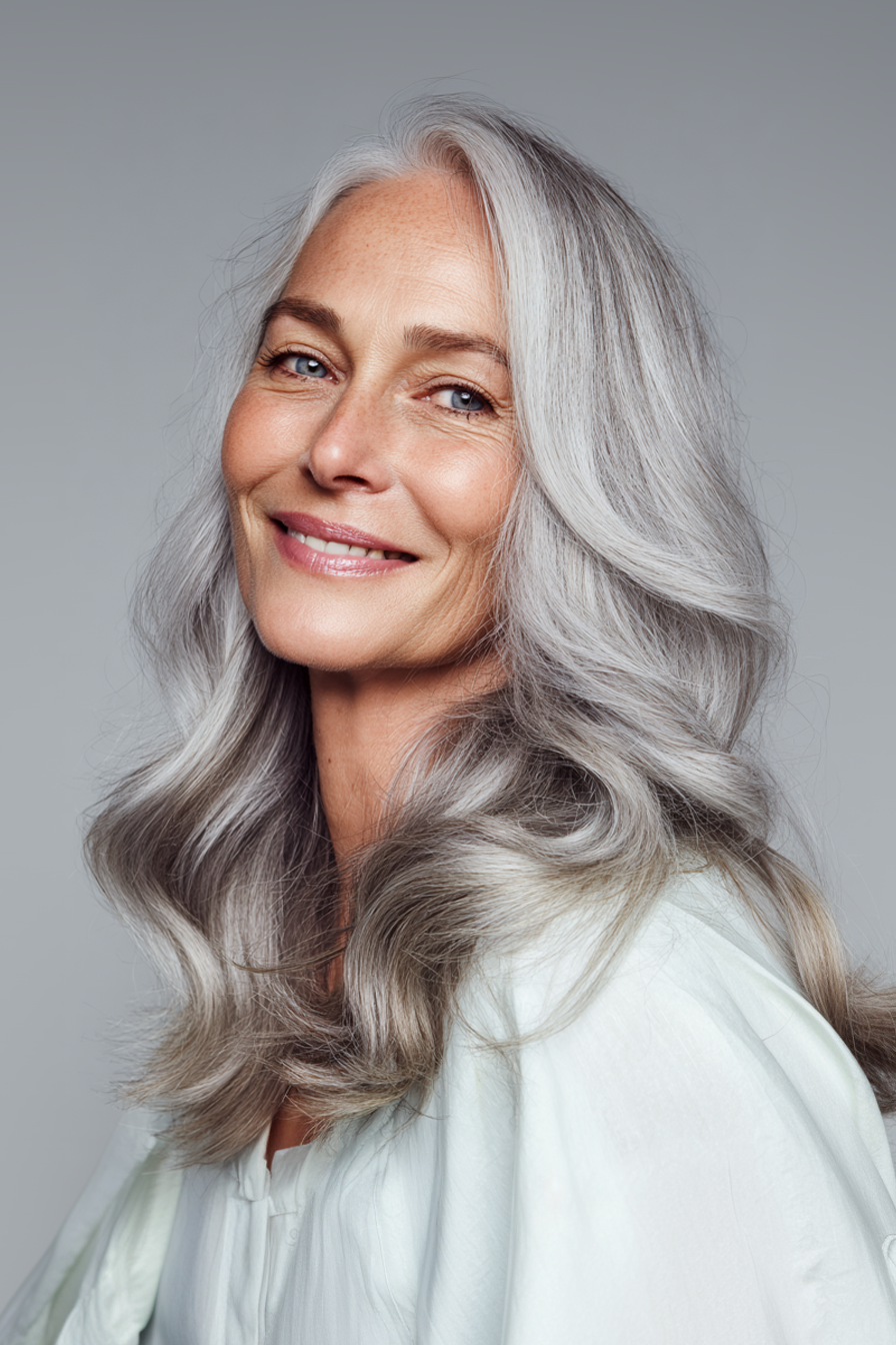 9. Perle graue lange Wellen (graue Frisuren für Frauen über 40) - graue Frisuren für Frauen über 40