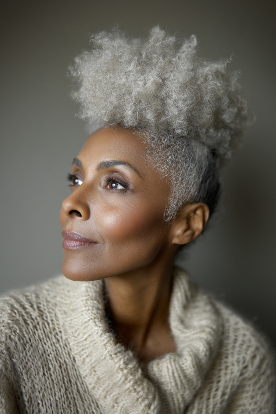 9. Platinum Afro Puff Hochsteckfrisur (Frisuren für schwarze Frauen über 60) - Frisuren für schwarze Frauen über 60