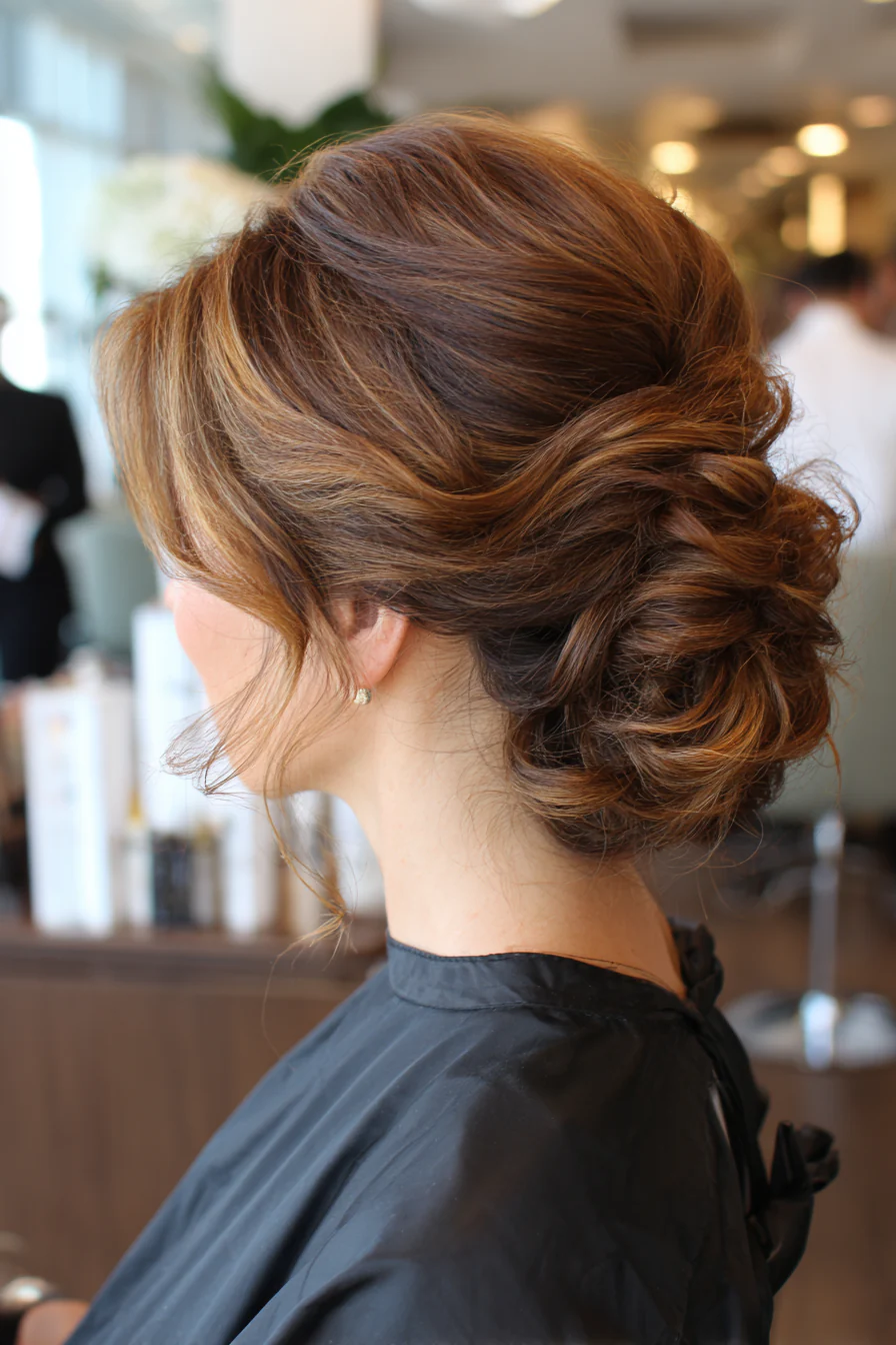 9. Romantische Hochsteckfrisur mit karamellbraunen Highlights (Brautjungfernfrisuren) – Brautjungfernfrisuren