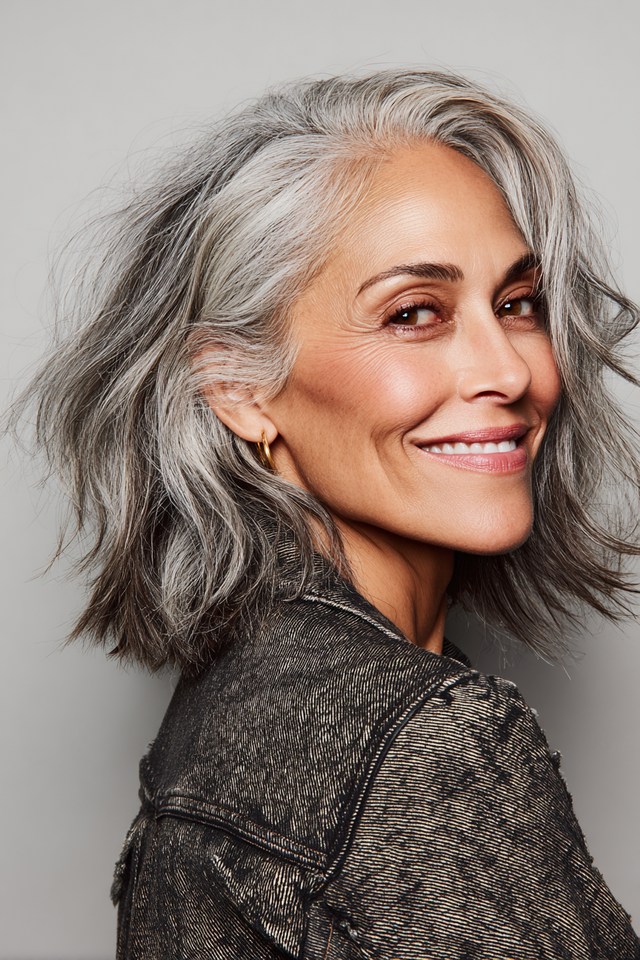 9. Salt-and-Pfeffer Choppy Lob mit Volumenschub (Lob-Haarschnitt für ältere Frauen) – Lob-Haarschnitt für ältere Frauen