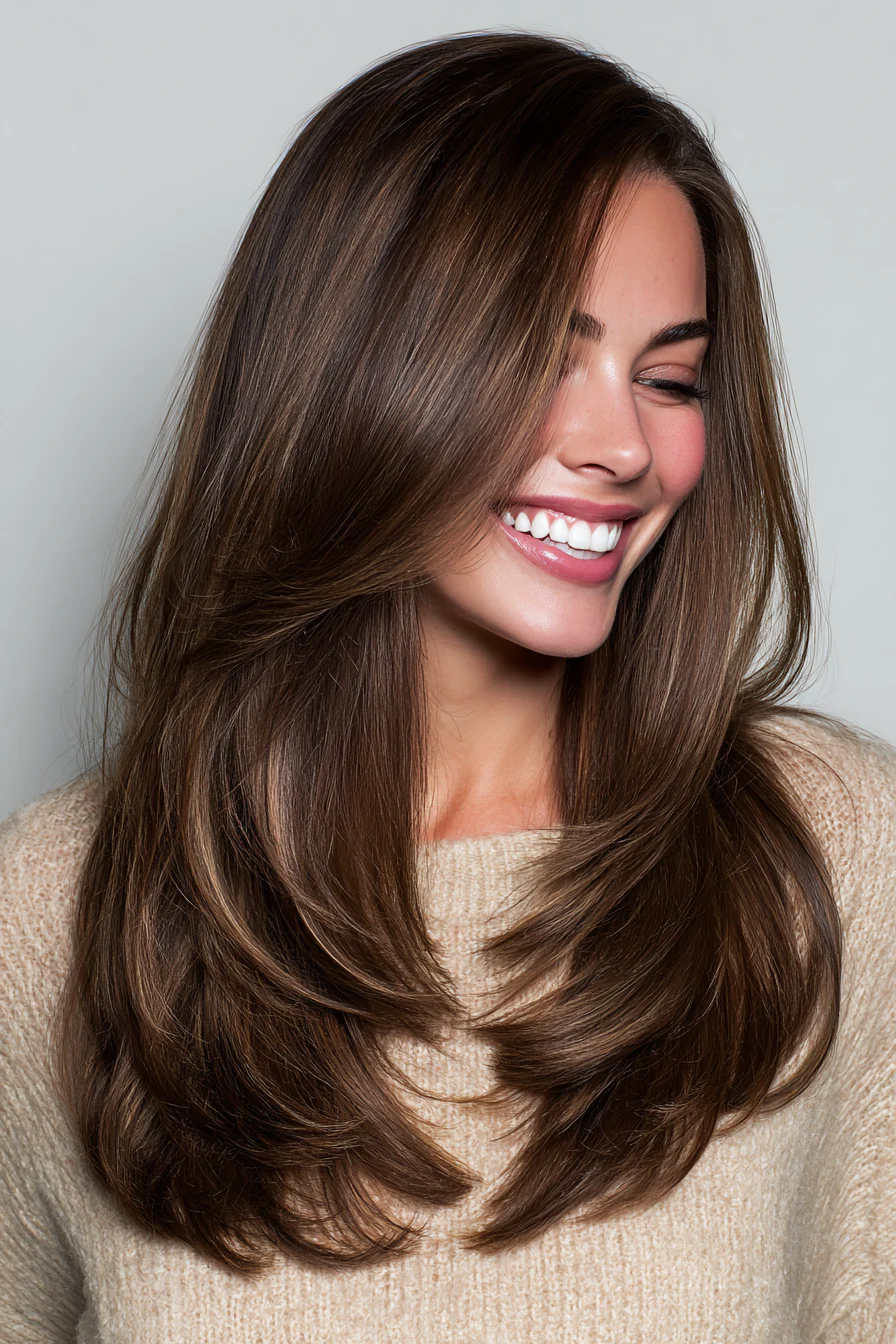 9. Nahtlose lange Stufen mit Espresso-Glanz (lange Stufenhaarschnitte für Damen) – Lange Stufenhaarschnitte für Damen