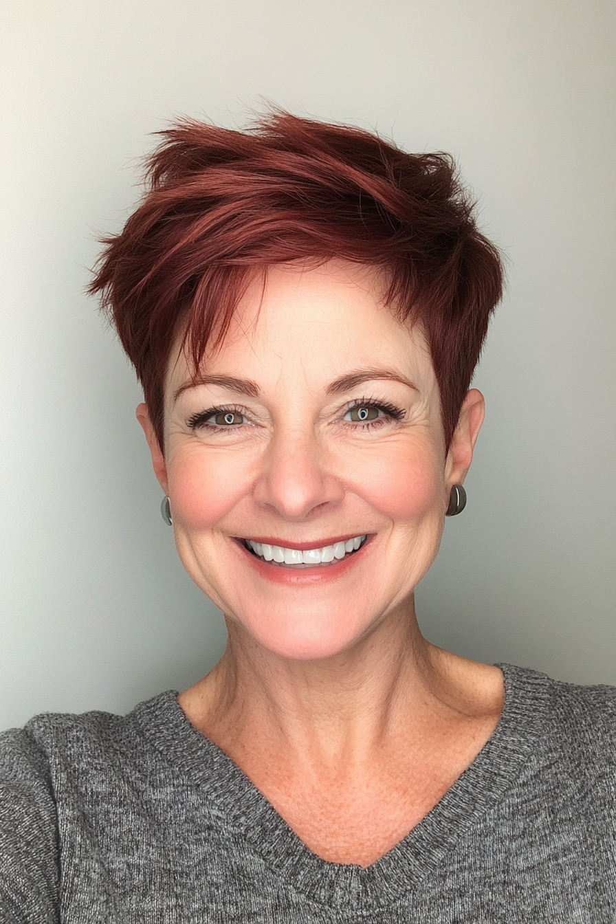 9. Kurze Mahagoni -Pixie mit Volumenkrone (schicke Frisuren für Frauen über 50) - schicke Frisuren für Frauen über 50