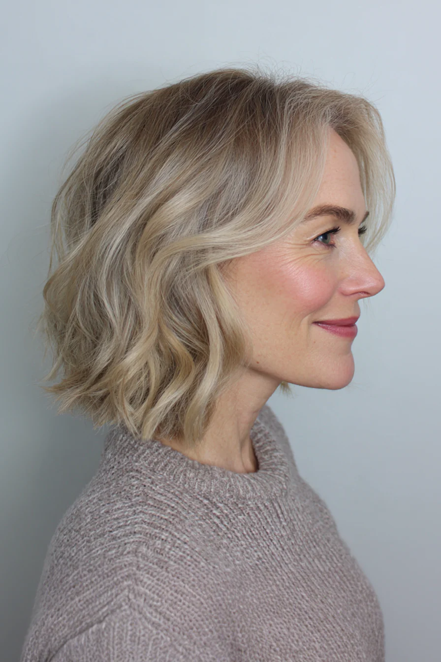 9. Kurzes gewelltes Haar mit Babylights (Champagnerblond) (Kurze gewellte Frisuren für Frauen über 40) – Kurze gewellte Frisuren für Frauen über 40