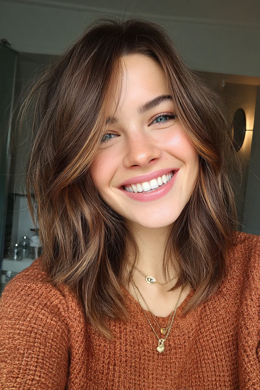 9. Seitlich geteilter Lob in Cinnamon Swirl Balayage (lange Bob-Frisuren) – Lange Bob-Frisuren