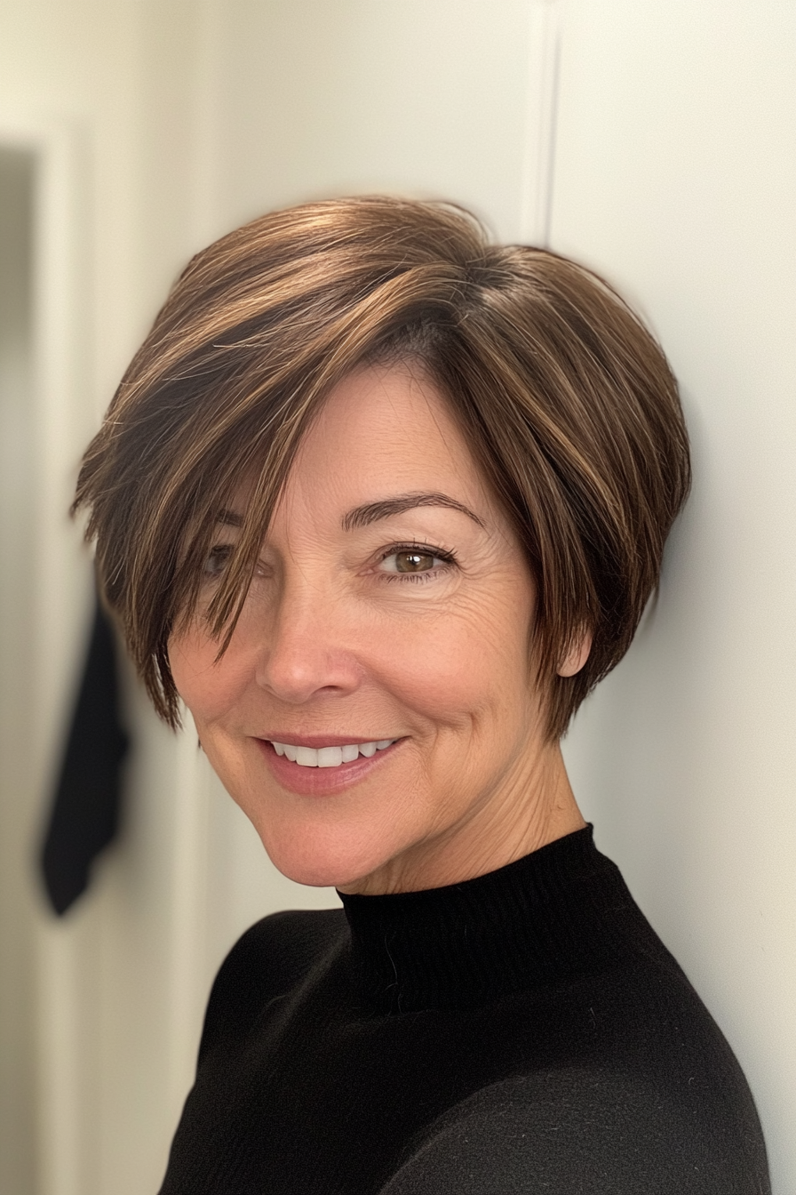 9. Seitenpixie in weicher Mokka -Brown (Haarschnittideen für Frauen über 50) - Haarschnittideen für Frauen über 50