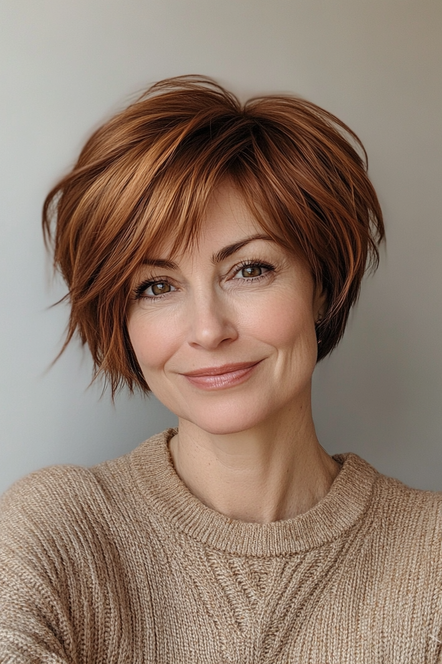 9. Seitenpixie in warmem Auburn -Braun (kurze Haarschnitte für ältere Frauen mit dickem Haar) - kurze Haarschnitte für ältere Frauen mit dickem Haar