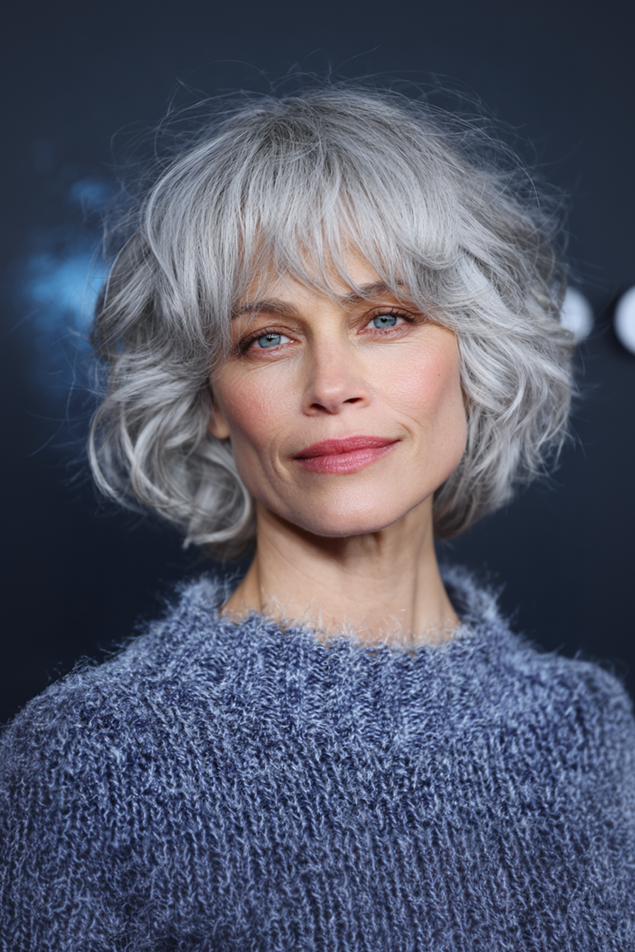 9. Silberwelliger Bob mit Vorhang Pony (kurze Frisuren für Frauen über 50 mit welligen Haaren) - kurze Frisuren für Frauen über 50 mit welligen Haaren