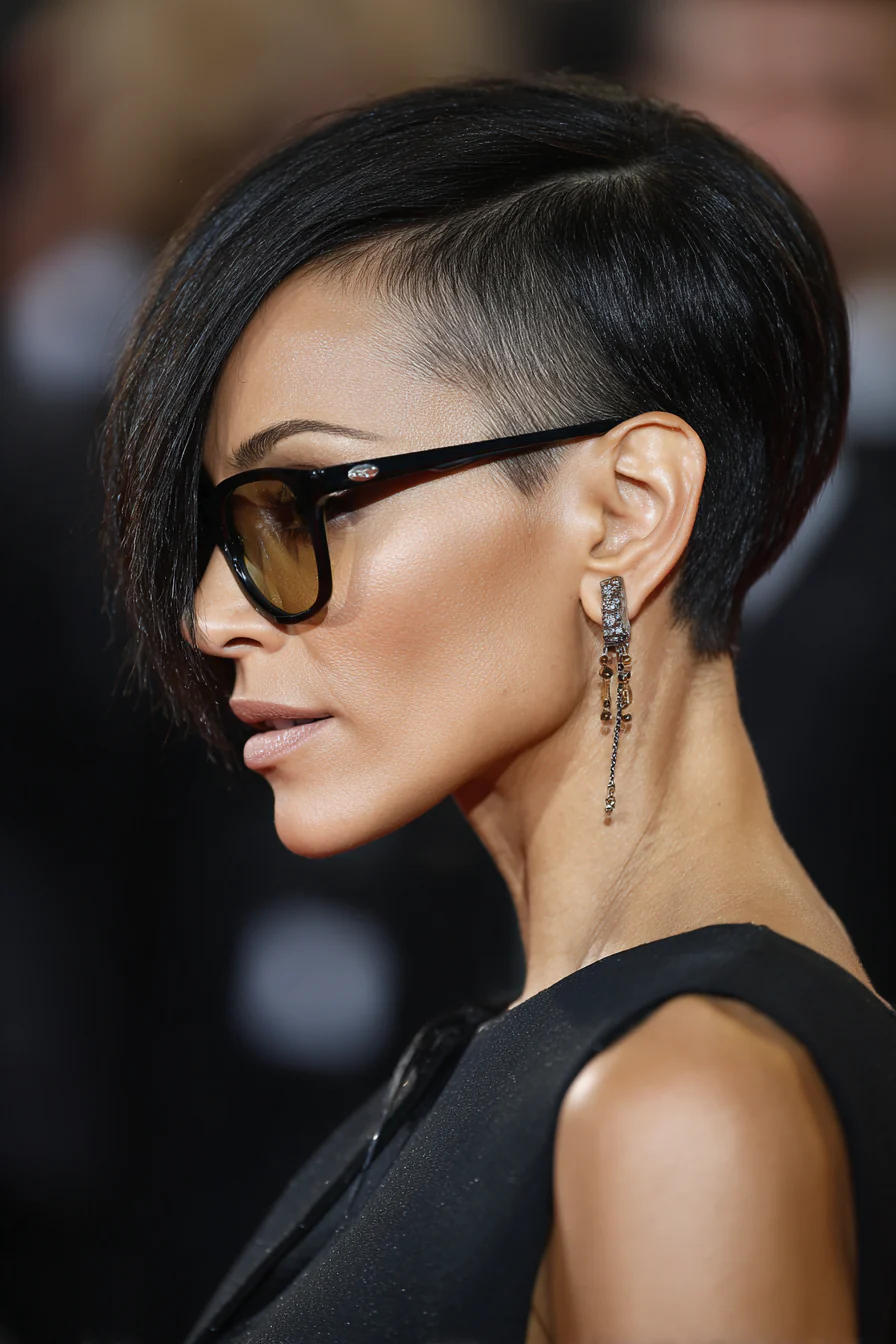 9. Schlanker schwarzer Crop mit sauberem Seitenteil (Frisuren für ältere Frauen mit Brille) – Frisuren für ältere Frauen mit Brille