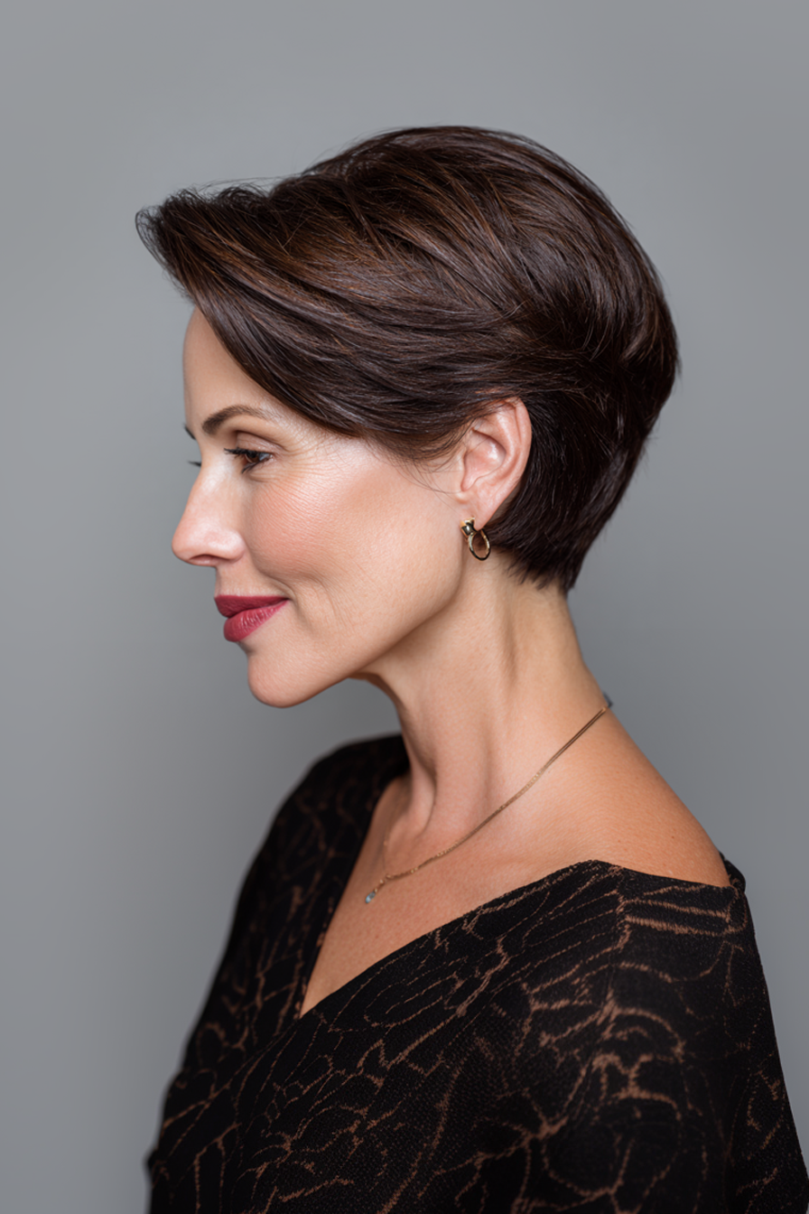 9. Sleek Espresso Slick -Back (sehr kurze Frisuren für Frauen über 50) - Sehr kurze Frisuren für Frauen über 50