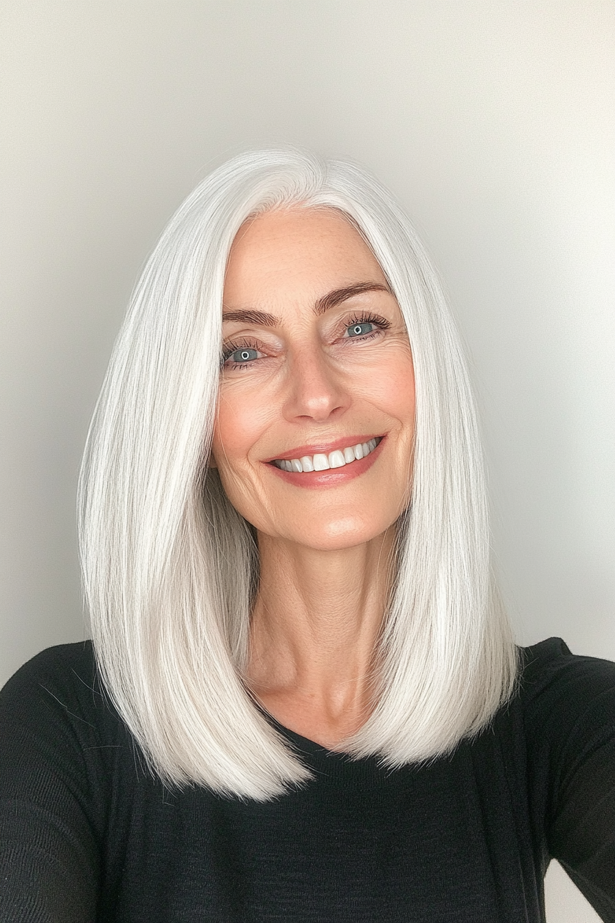 9. Snowy White Long Bob mit minimalen Schichten (glatte Frisuren für ältere Frauen) - Straße Frisuren für ältere Frauen