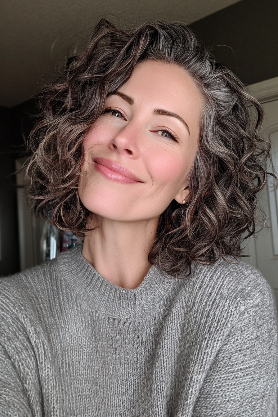 9. Soft Curly Lob mit aschbraunem Balayage (kurze lockige Frisuren für Frauen über 40) - kurze lockige Frisuren für Frauen über 40