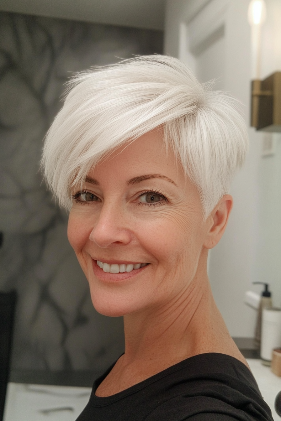 9. Weich, sich verjüngende Pixie mit natürlichen weißen Tönen (Frisuren für Frauen über 60 mit dickem Haar) - Frisuren für Frauen über 60 mit dicken Haaren