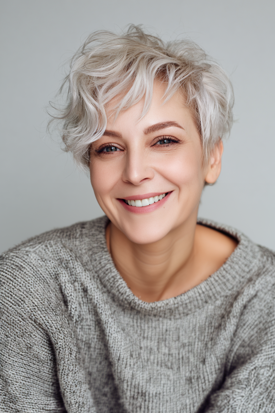 9. Tapered Wavy Pixie in Eisblondine (Frisuren für ältere Frauen mit welligem Haar) - Frisuren für ältere Frauen mit welligen Haaren