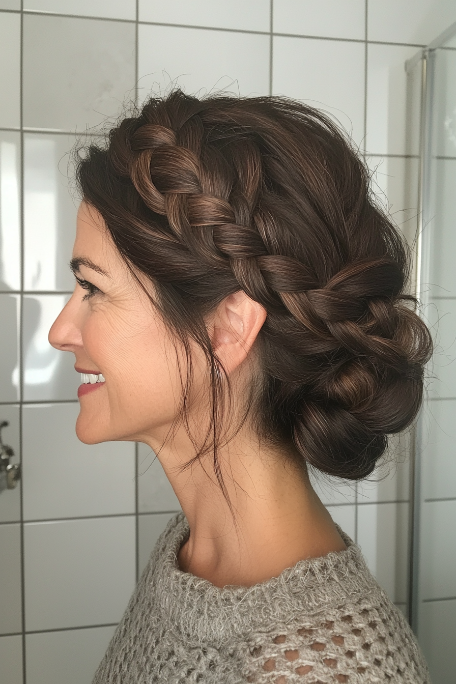 9. Strukturierte geflochtene Krone in Dunkelbraun (Hochsteckfrisur für Frauen über 40) - Hochsteckfrisuren für Frauen über 40