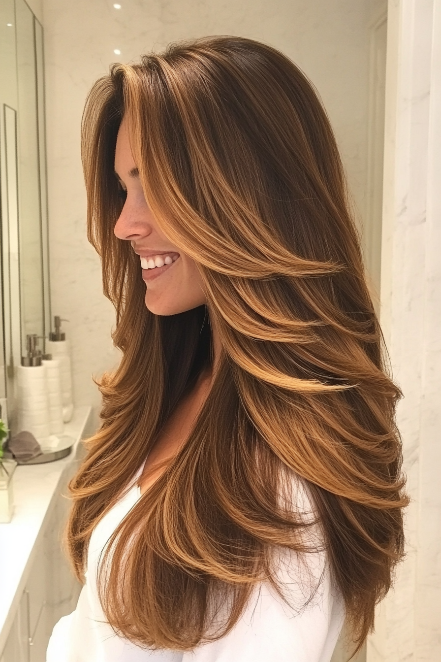 9. geröstete Mandelweichschichten (lang geschichtete Haarschnitte) - lang geschichtete Haarschnitte