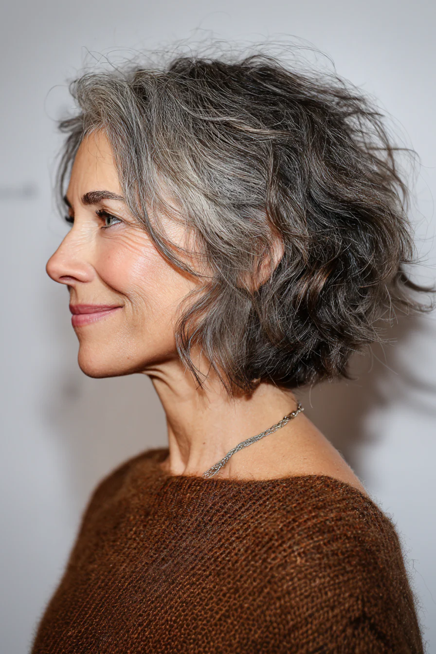 9. Zerzauster, gewellter Bob in Salz-Pfeffer-Mischung (kurze mittellange Frisuren für Frauen über 50) – Kurze mittellange Frisuren für Frauen über 50
