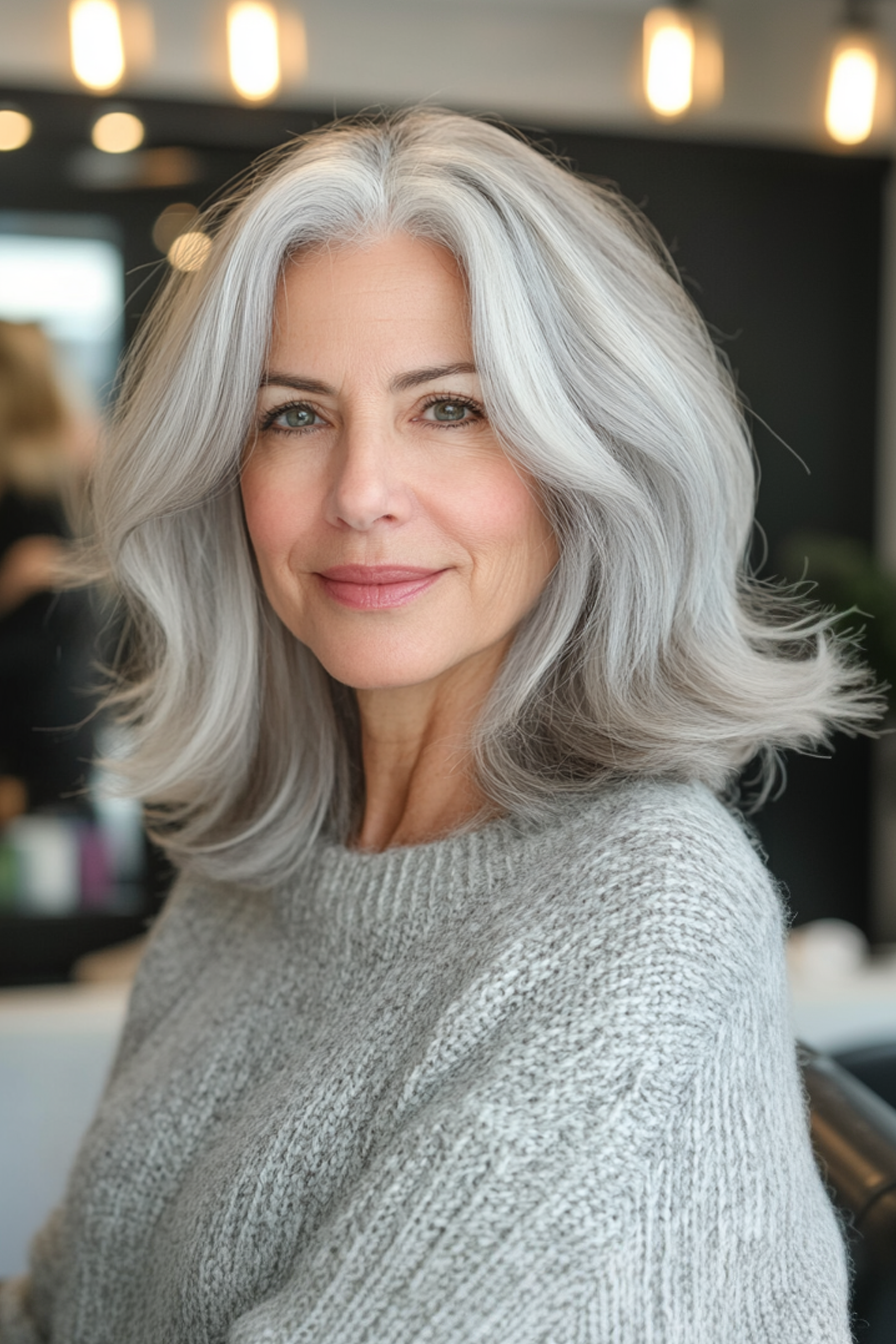 9. Voluminous mit mittlerer Länge in gefrostetem Grau (Frisuren für ältere Frauen mit grauem Haar) - Frisuren für ältere Frauen mit grauem Haar