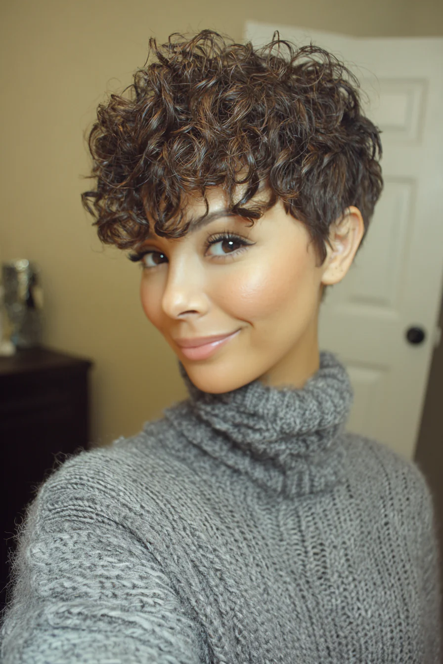 9. Walnussbrauner lockiger Pixie (kurze Pixie-Frisuren) – Kurze Pixie-Frisuren