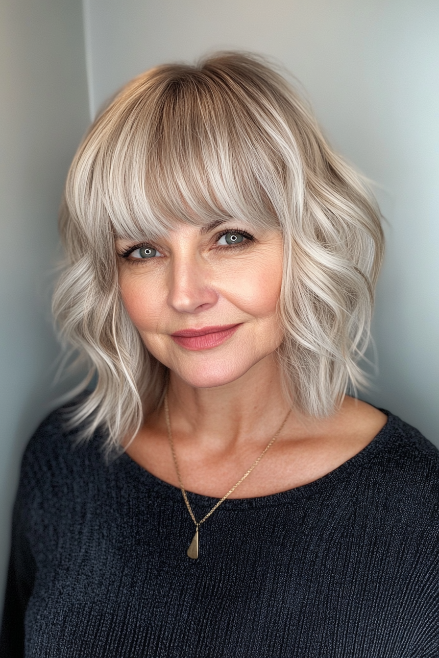 9. Wavy Bob mit Peekaboo Pony in eisigem Platin (Haarschnitte für Frauen über 60 mit Pony) - Haarschnitte für Frauen über 60 mit Pony