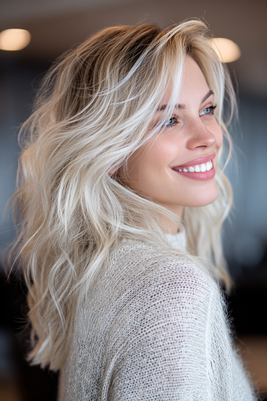 9. Wellenschichten mit Platin -Highlights (geschichtete Haarschnitte für Frauen) - geschichtete Haarschnitte für Frauen