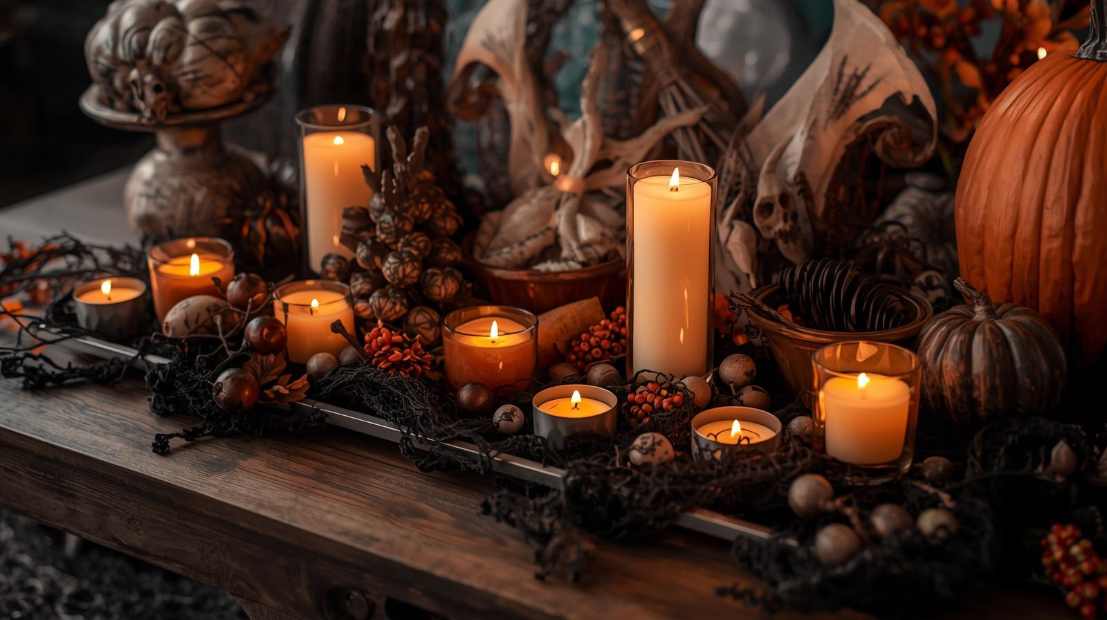 Ein Halloween -Dekorationsarrangement mit Teelicht- und Votivkerzen