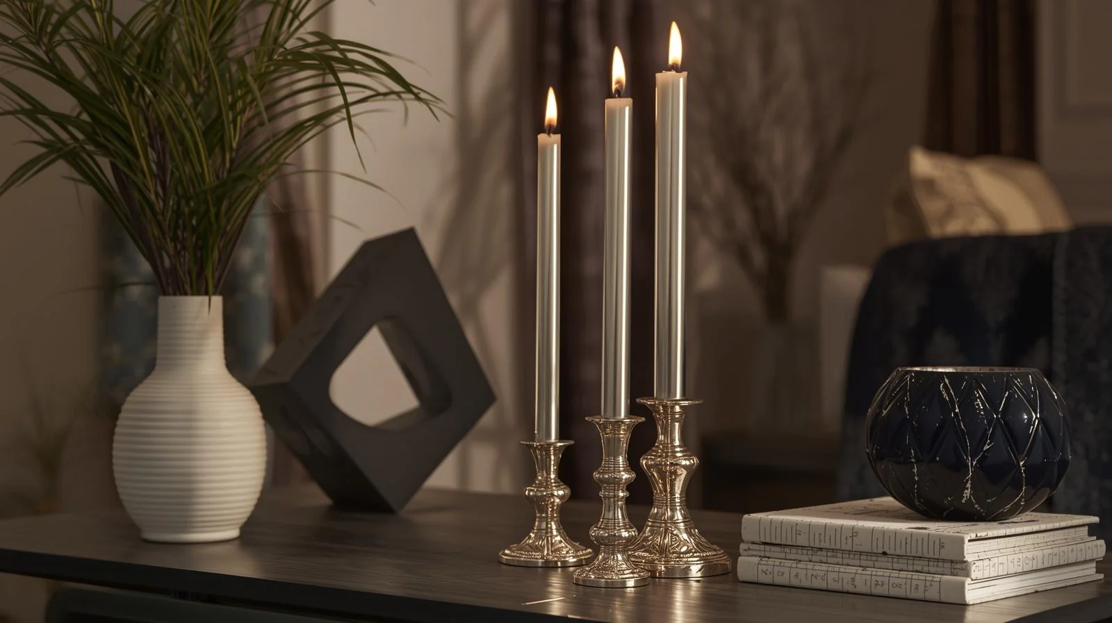 Eine moderne Inneneinrichtung mit silbernen Stabkerzen