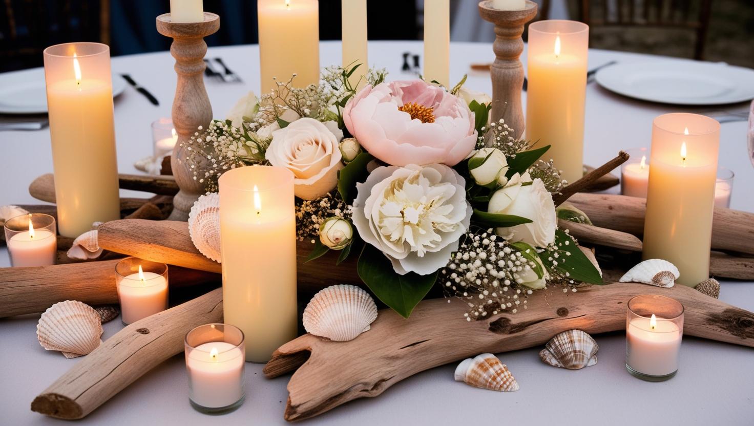 Beach-inspirierte Hochzeitszentrum Ideen mit Kerzen und Blumen