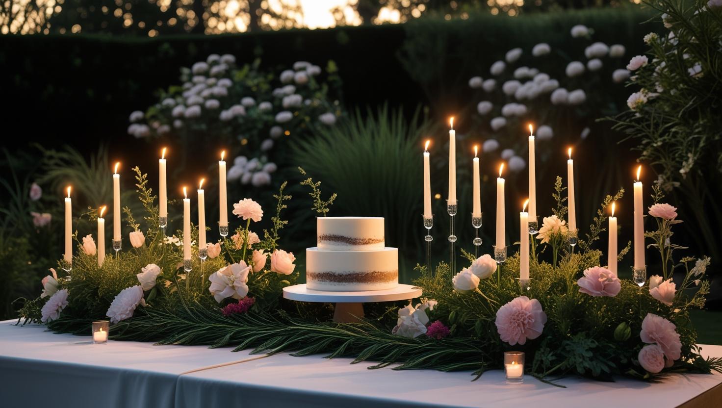 Kerzenakzente für den Botanischen Garten Hochzeitstorte Tisch