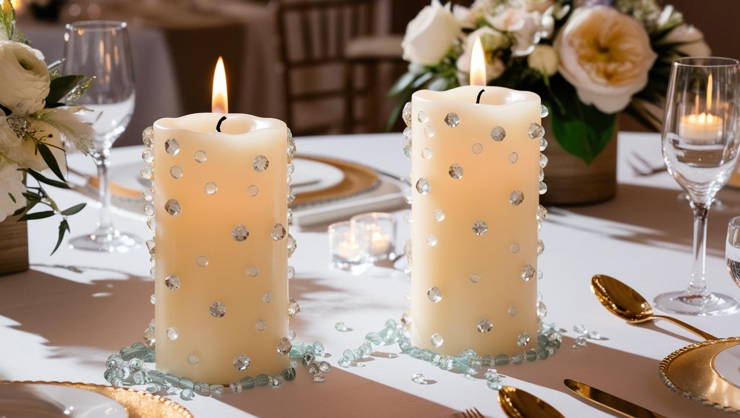 Kerzenlicht und Kristalle für Hochzeitstischdekoration