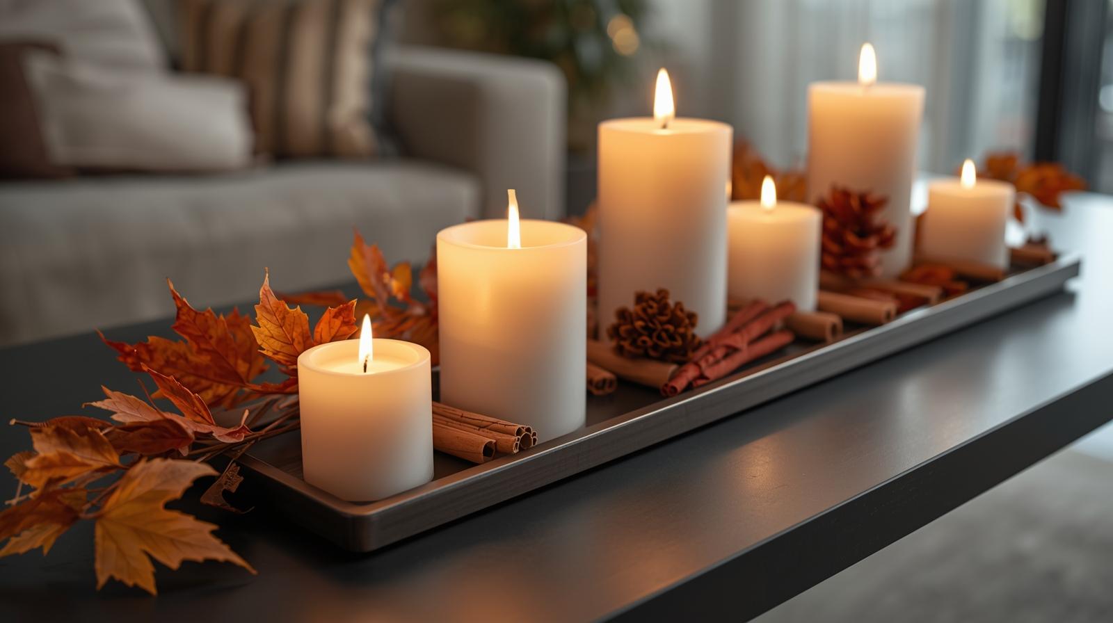 Zimt-duftende Kerzen auf dem Holzschale