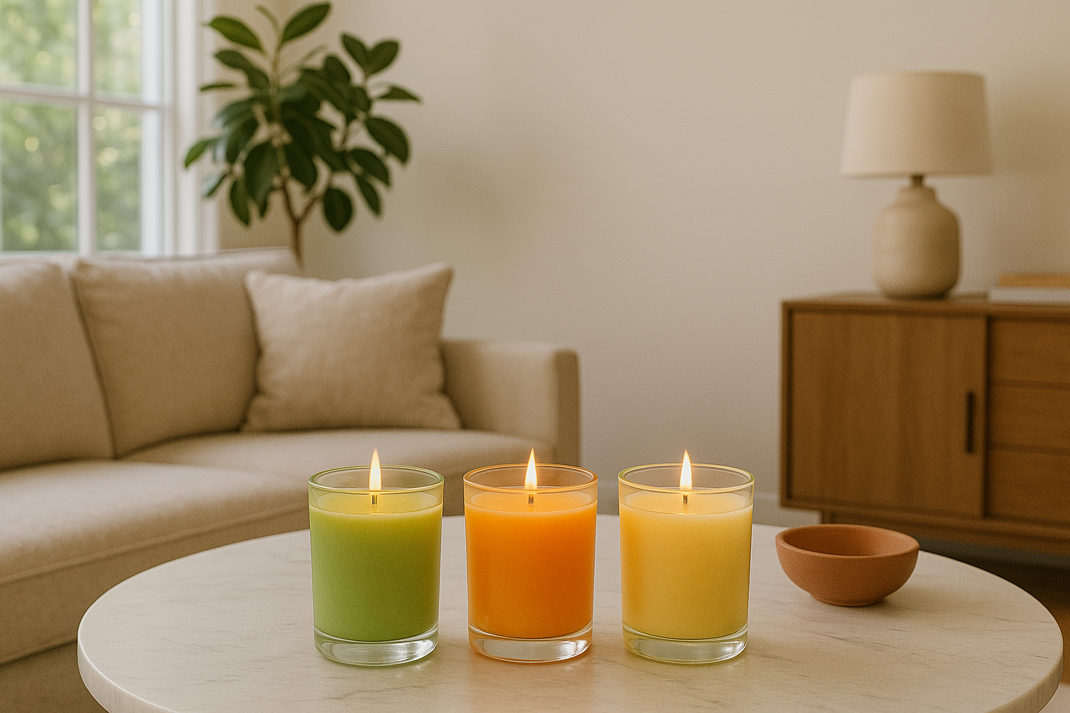 Zitruskerzen im Wohnzimmer