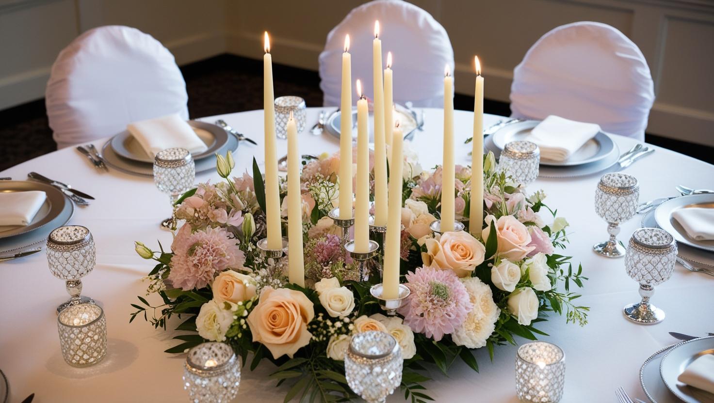 Klassische Eleganz mit sich verjüngenden Kerzen für die Hochzeitsdekoration