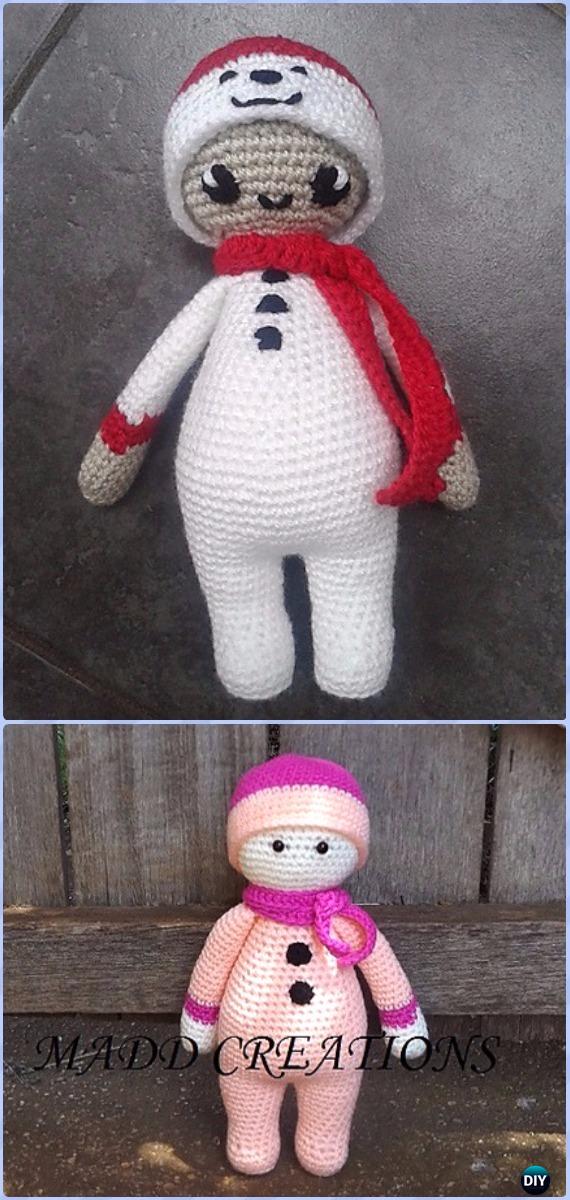 Häkelnummer Noo Doll im Schneemann Kostüm kostenlos Muster - Amigurumi Häkelschneman Stuffies Spielzeug kostenlose Muster