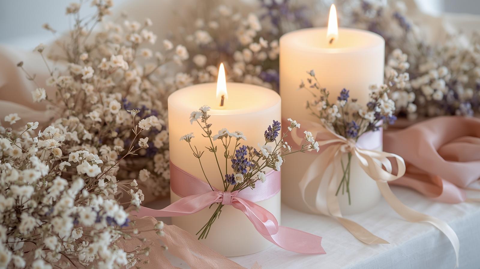 DIY -Säulenkerzen, geschmückt mit eleganten Satinbändern in Schattierungen aus errötendem Rosa und Elfenbein und getrocknete Blumen