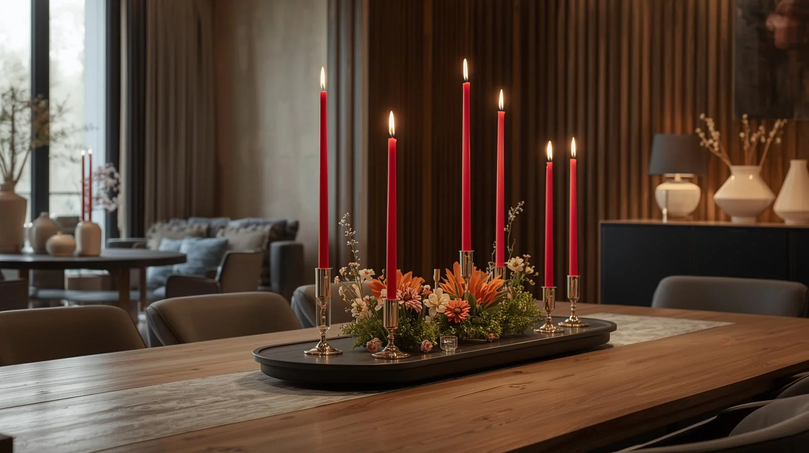 Tafelaufsätze für das Esszimmer mit roten Stabkerzen