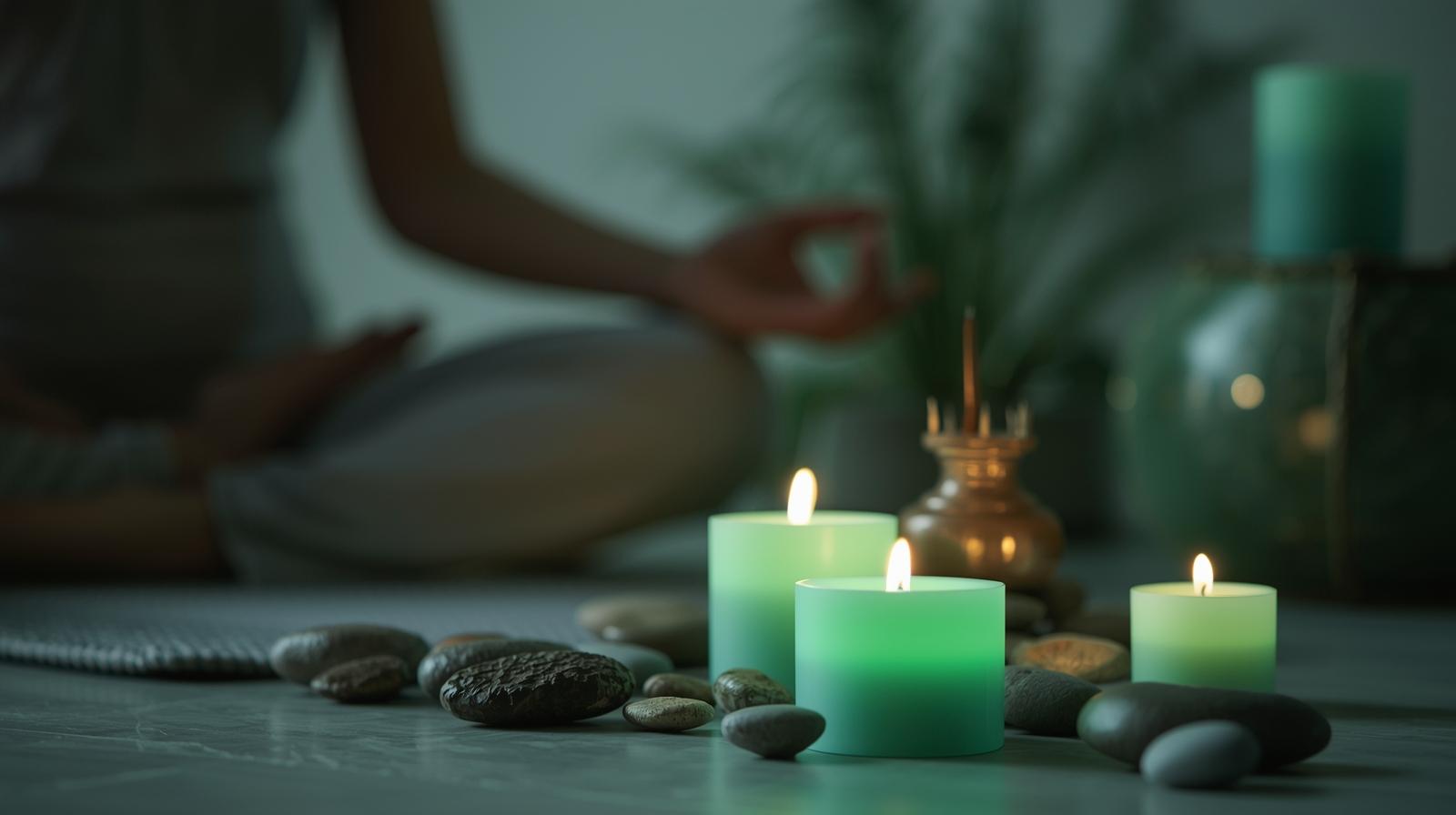 Mit Eukalyptus duftende Kerzen für Meditation und Achtsamkeitsübungen