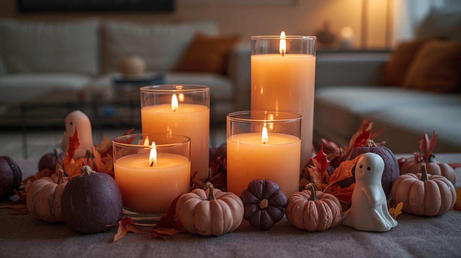 Halloween Dekorationsideen mit Glaskerzen und Kürbissen