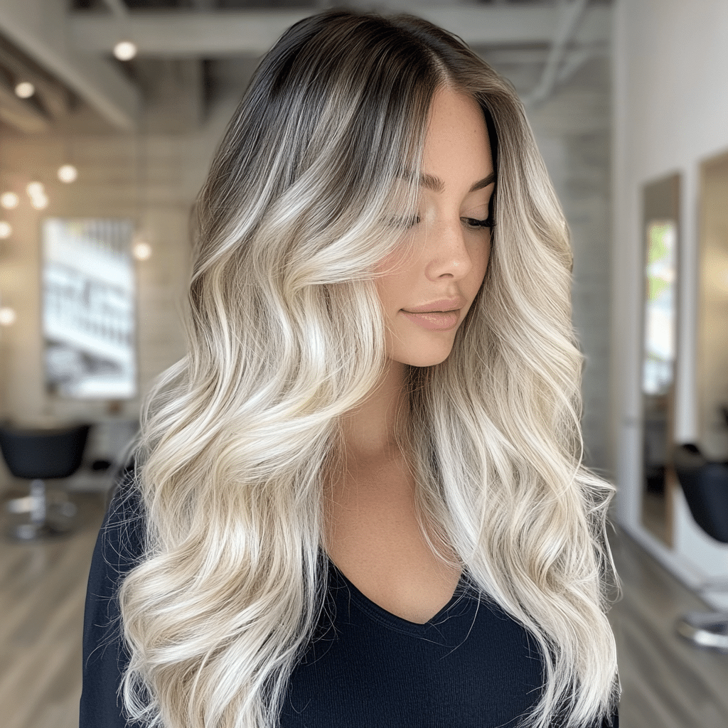 Eisiger blonde Balayage mit Schattenwurzel