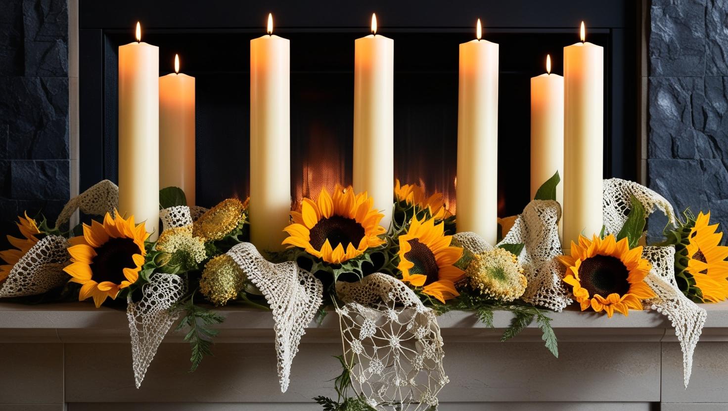 Manteldekoration mit hohen Kerzen und Blumen